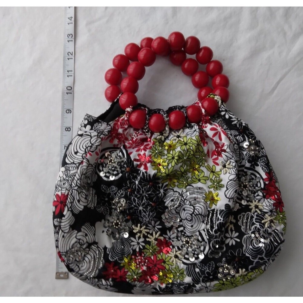 Womens Black White Sequin Beaded Handbag Italy Red Green Floral Red Bead Handles - Picture 9 of 9